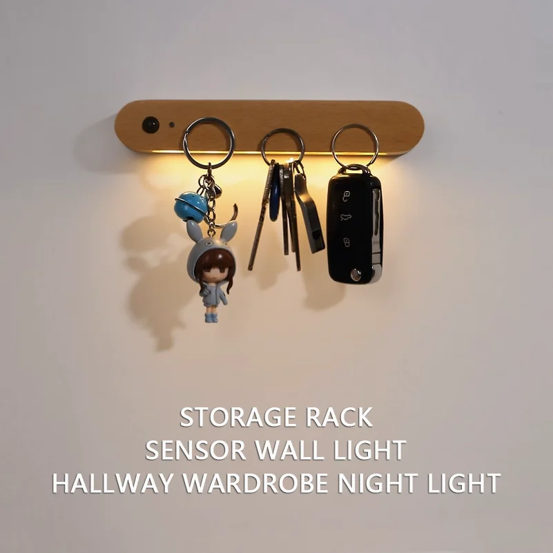 Bracket Sensor Night Light Corridor Sensor Light Atmosphere Lamp LED Wood Lamp Home Decoration Key Holder Hook For Wall Door