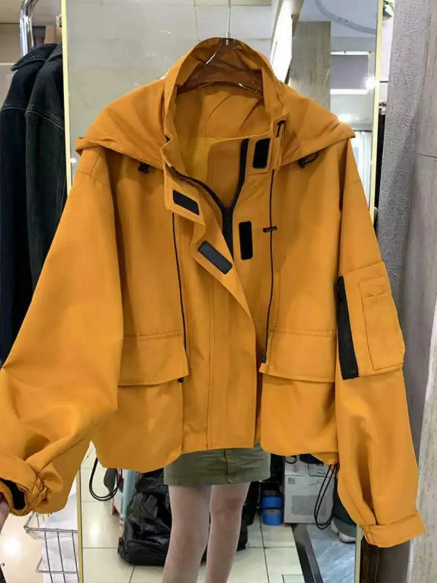 Women's Drawstring Hooded Workwear Jacket Outerwear Autumn 2024 Loose Fit Long Sleeve Zipper Closure Fashionable Top