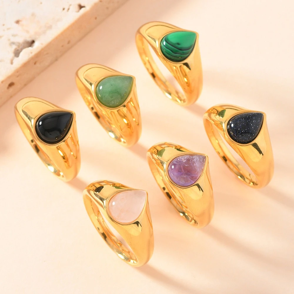 

6pcs 18K Gold Stainless Steel Ring Minimalist Inlay Waterdrop Stone Gemstone Beads, Unisex Matching Couple Rings Size 9