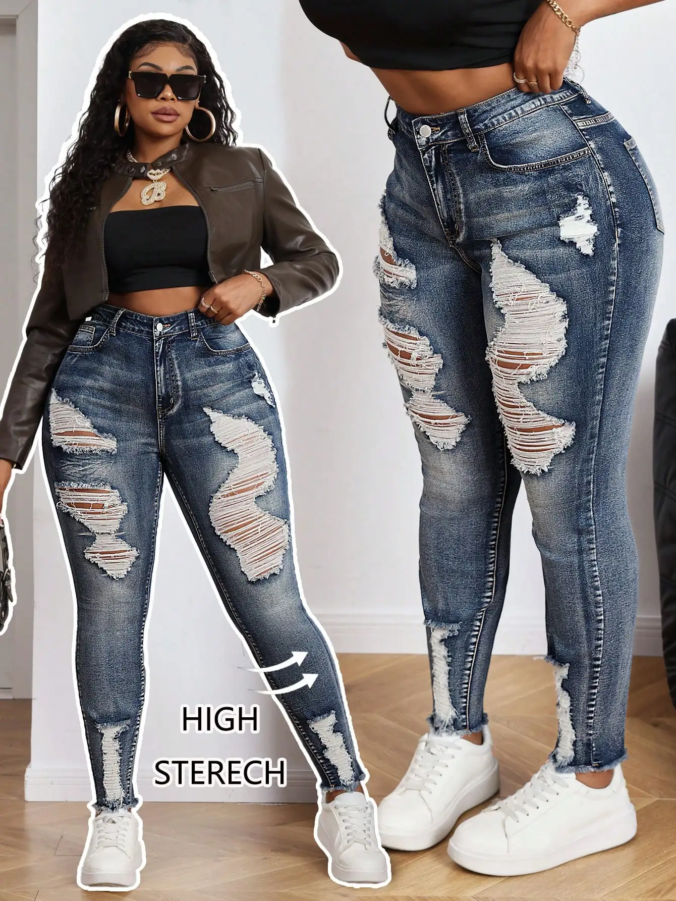 

Джинсы с высокой талией и рваными элементами для женщин, эластичные джинсовые брюки с эффектом потертости, повседневная одежда на осень
