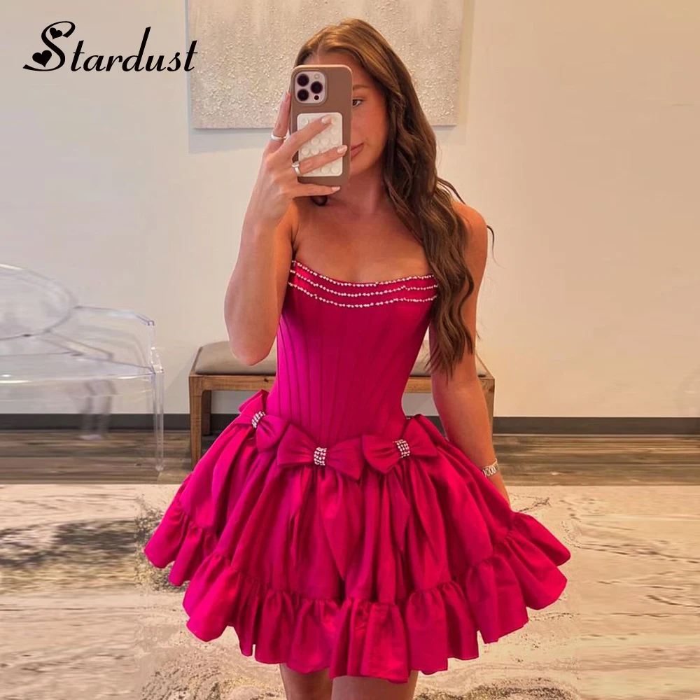 Stardust Short Satin Homecoming Dress with Bow Crystals Saudi Arabric Birthday Gown Homecoming Dress Customized Plus