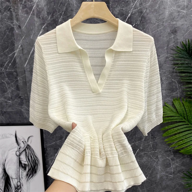 

Summer Women's Neck Short Sleeve Ice Silk Knitted T-Shirt Bright Thread Regular Fit Short Length V-Neck Wool Blend Top