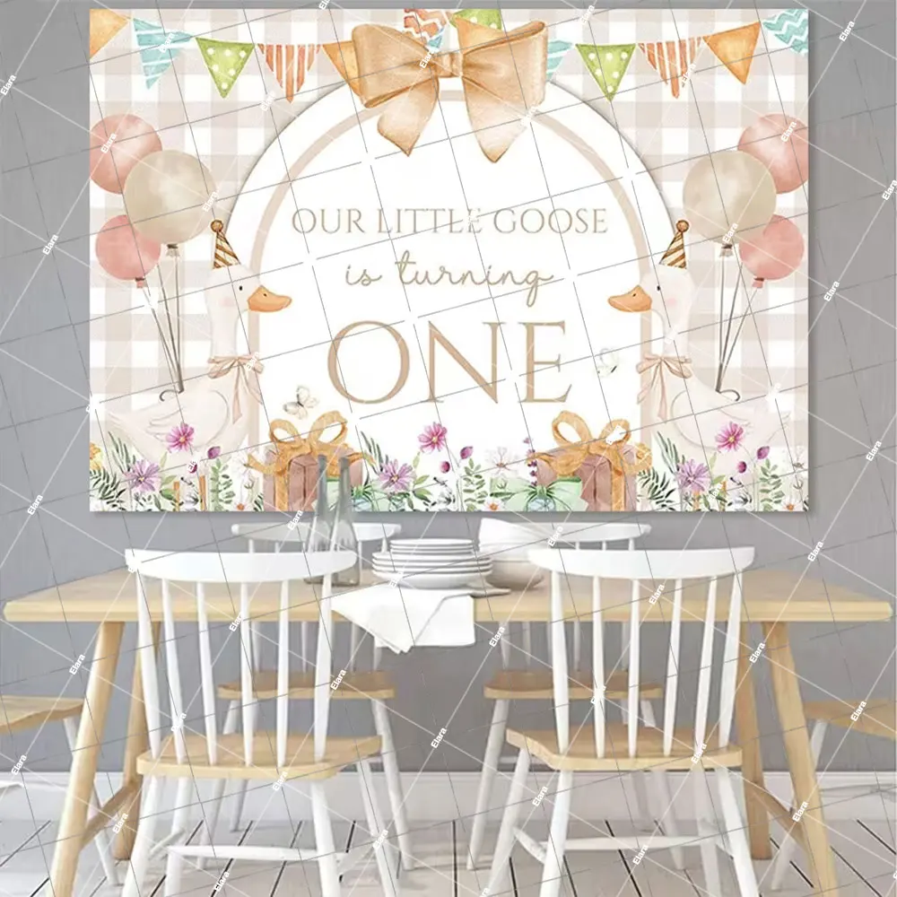 One Silly Goose تحول موضوع واحد الطفل 1st حفلة عيد ميلاد ديكور الكرتون ليتل أوزة إكليل الوردي منقوشة ربطة القوس فيونكة خلفية الدعائم