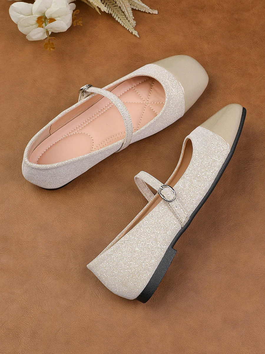 

Новинка весны и осени 202, модная повседневная женская обувь Мэри Джейн с квадратной пряжкой и плоской подошвой с неглубоким носком и цветными блоками