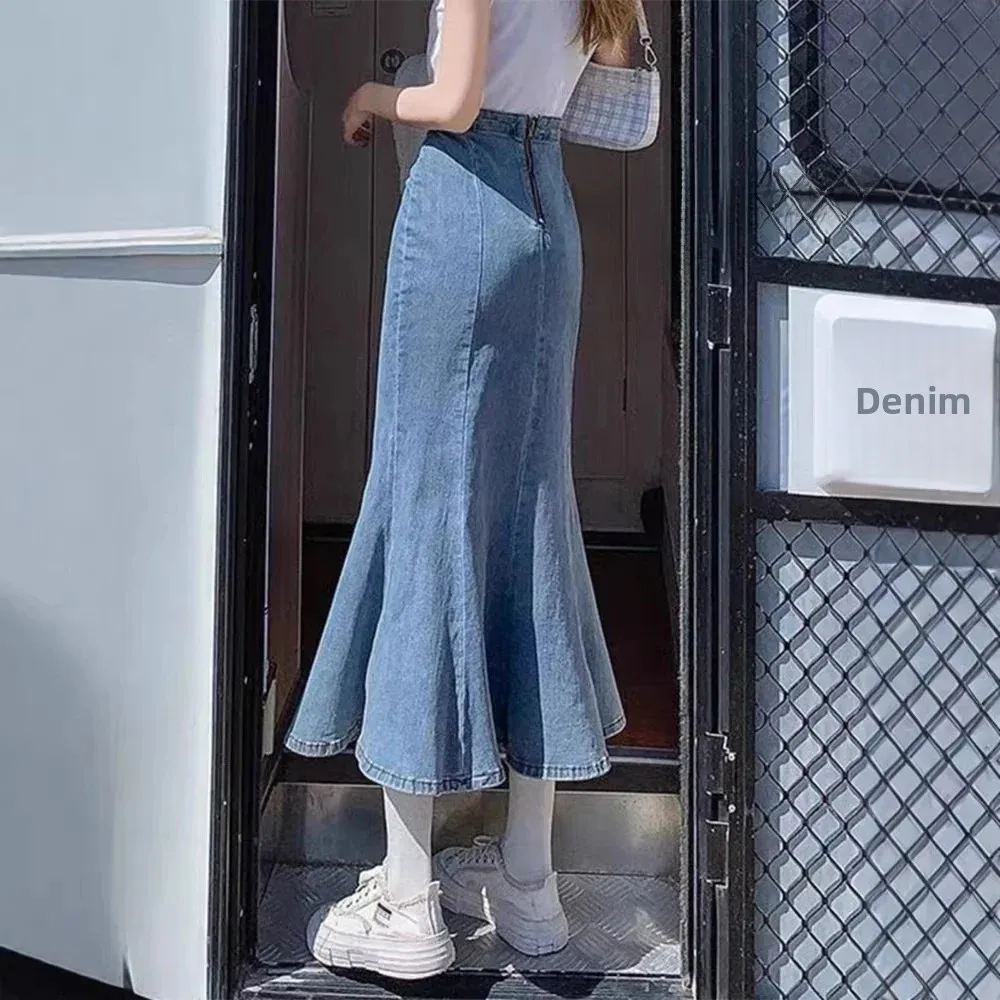 American Style Denim Fish Tail Half Skirt Slit High Waist Slimming Midi Vintage Wrap around Skirt for Teenage Women