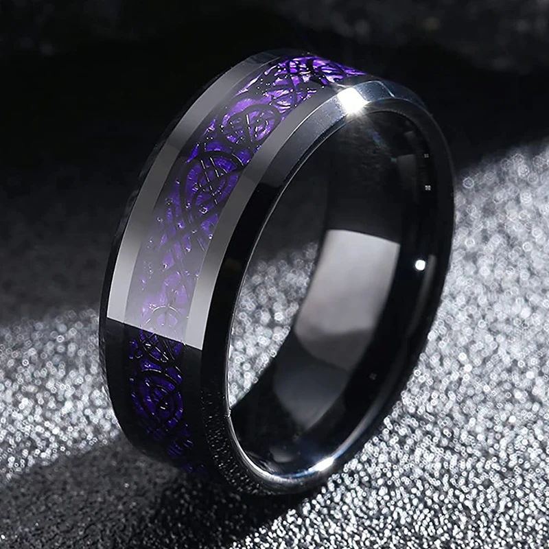 New Men\'s Fashion 8MM Stainless Steel Black Dragon Ring Inlay Purple Carbon Fiber Ring For Men Wedding Band Charm Jewelry Gifts