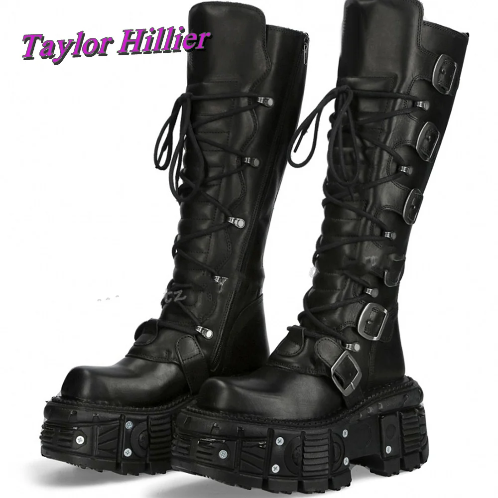 8CM Belt Punk Rivets Boots Knee-High Lace Up Round Toe Thick Sole Motorcycle Height Increasing 2025 Autumn Winter Long Shoes