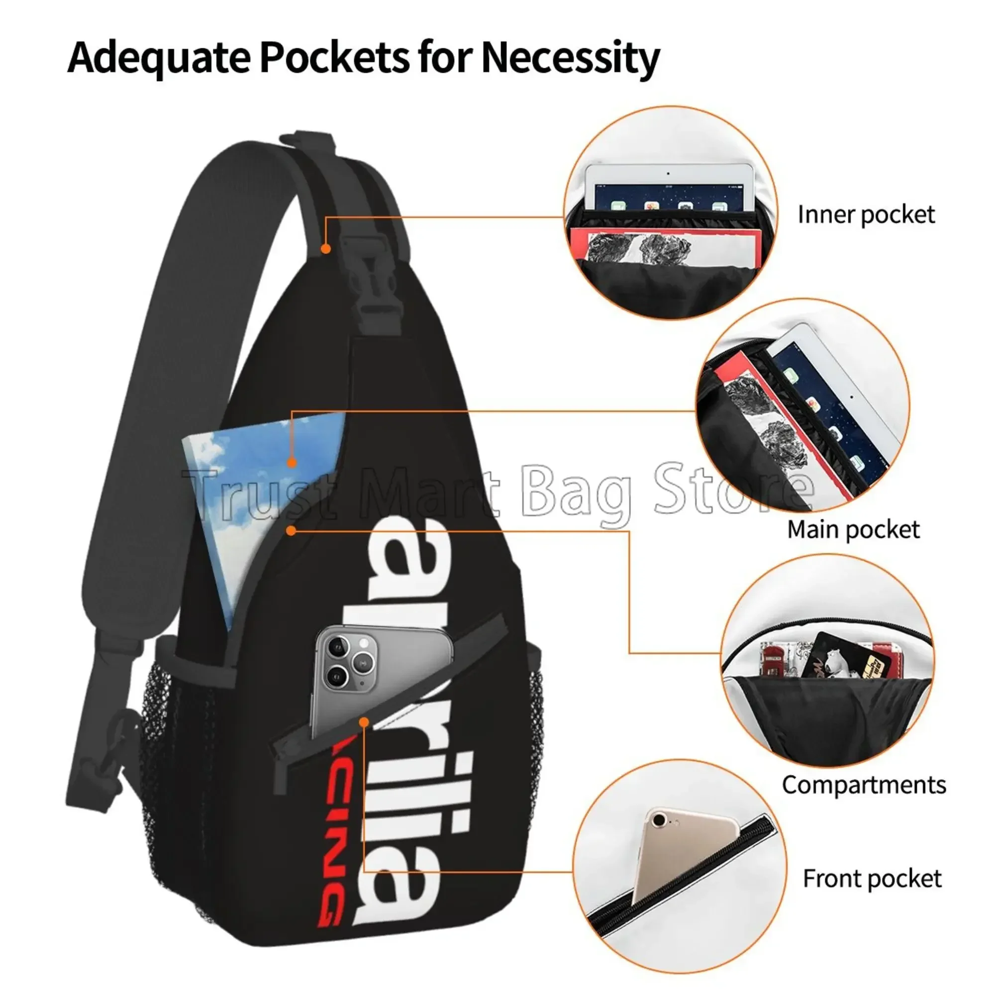 Aprilia Racing Logo Print Peito Malas Crossbody Sling, mochila esportiva para caminhadas de viagem, mochila leve casual para homens e mulheres