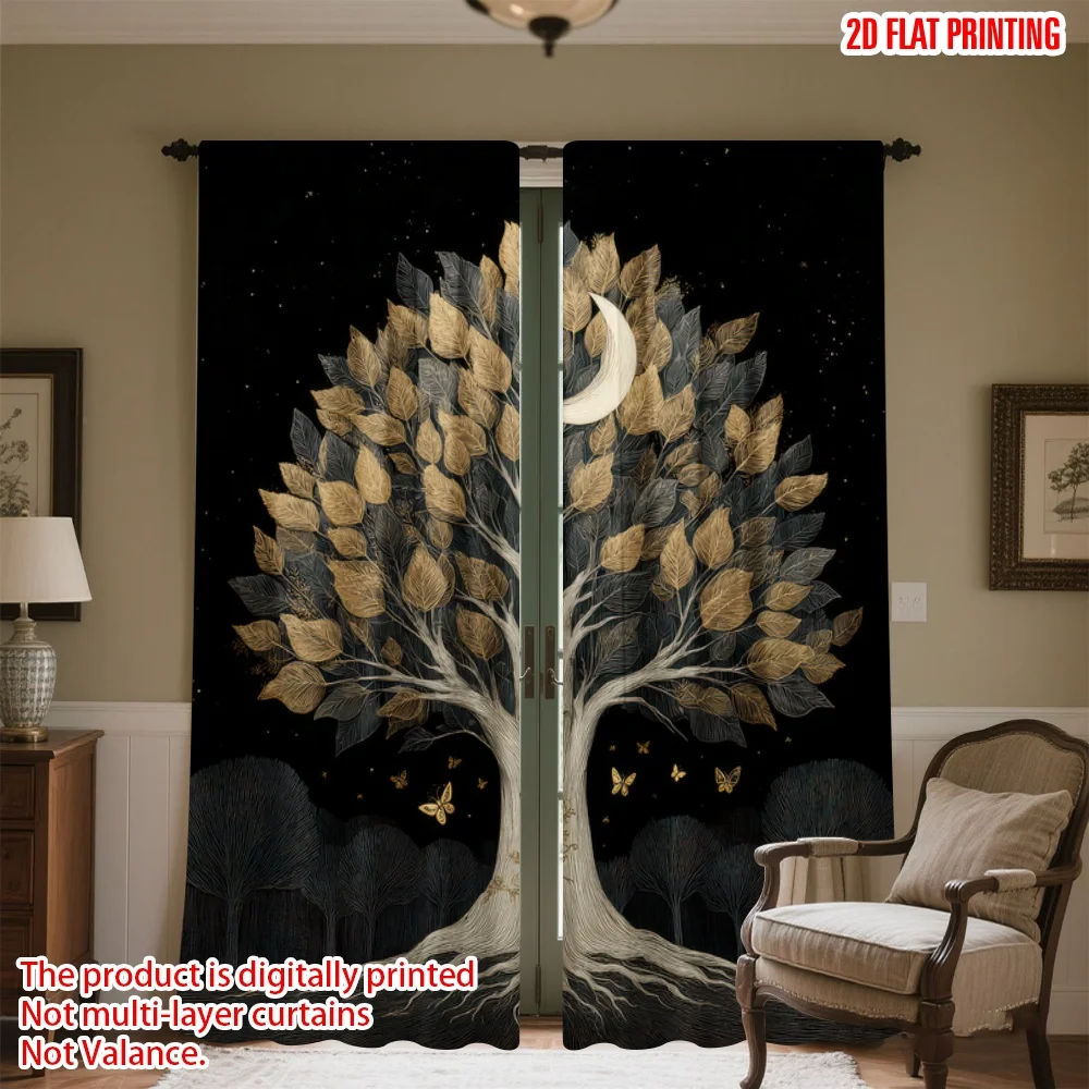 

2D flat printing 2pcs Curtains Golden Leaves on Black Digital Printed Polyester Drapes Birthday Party Perfect for Outdoor