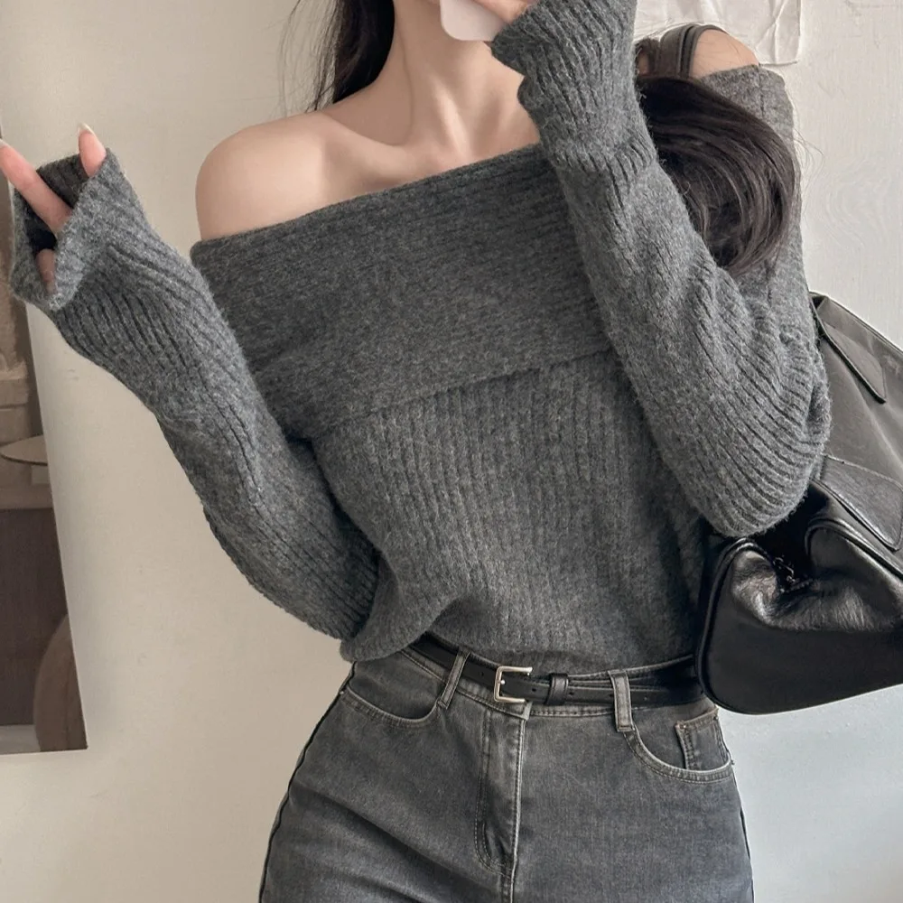 Korean Style Simple Shoulder Bared One-Shoulder Lazy Knitted Sweater Versatile Basic Fit Polyester Fiber Spring Autumn Women'...
