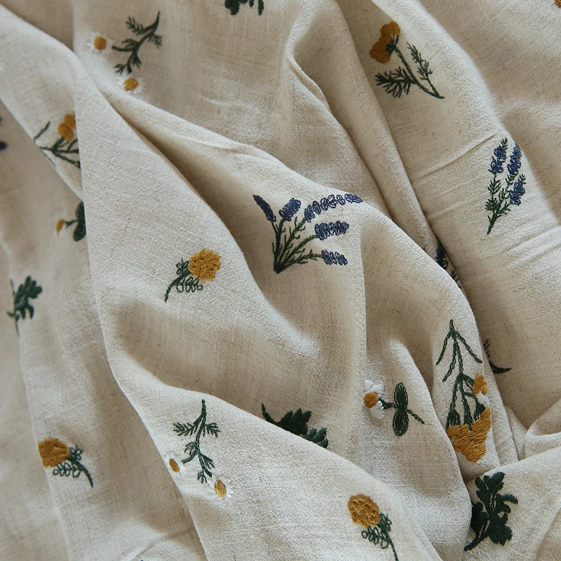 Vintage Cotton And Linen Flower Embroidery Fabric Dress Clothing Fabric DIY Fabric Handicraft By the yard