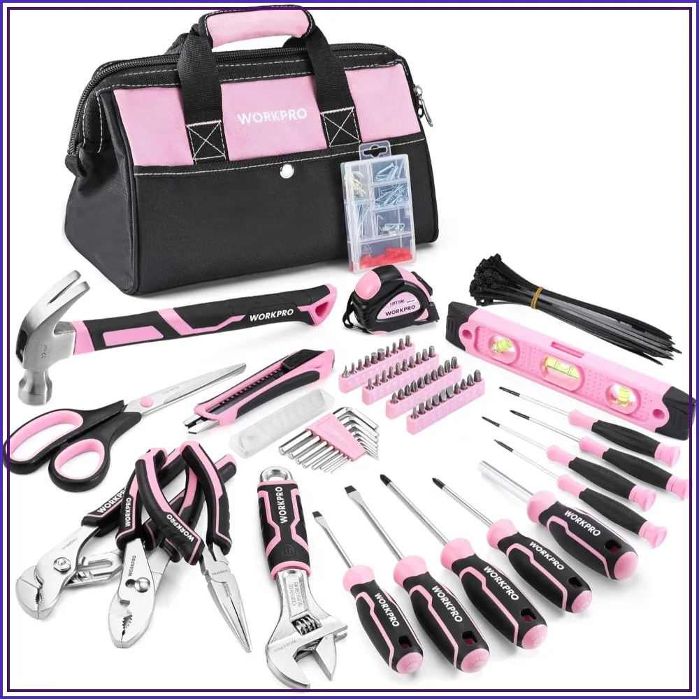 

277 PCS Pink Tool Set for Women, Home Repair Kit with 13-Inch Storage Bag, Hammer & Screwdriver Included