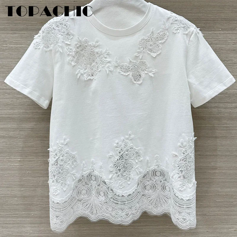 1.18 TOPACHIC 2025 Spring Summer New Women Hem Lace Spliced Cotton Tee Classic All-matches O-Neck T-Shirt