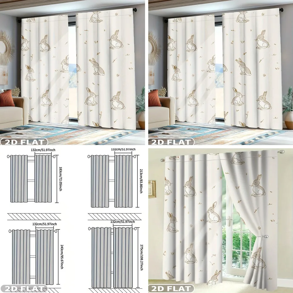 

2D FLAT 2pcs Curtains Bunny Rabbit Leaves Print, Light Filtering Window Drapes for Living Room Bedroom Balcony Study, Spring