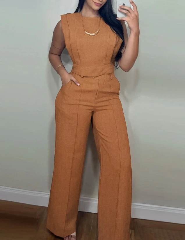 Two Piece Set Women Outfit 2025 Spring New Round Neck Cap Sleeve Crop Top & Casual Pocket Design High Waist Straight Pants Set