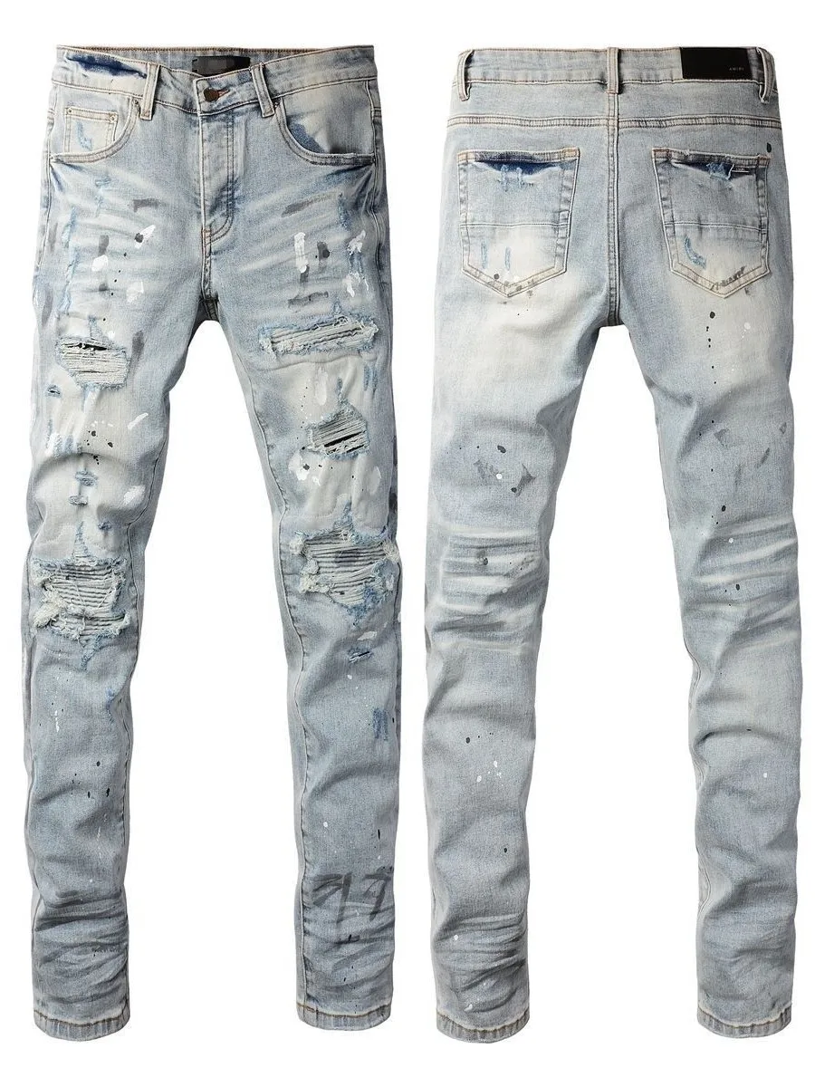 

Новые мужские облегающие джинсы, модные брендовые лоскутные эластичные брызги краски, светлые длинные брюки High Street, повседневные молодежные брюки