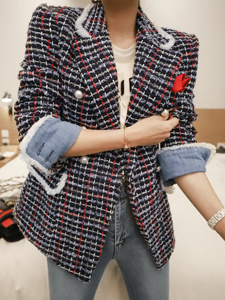 Moda elegante donna Tweed Outwear Casual retrò Plaid doppio petto bottone perla Lady Femme Mujer autunno inverno giacca cappotto