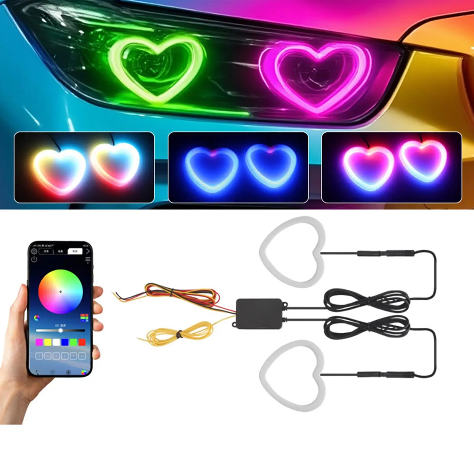 RGB LED Car Headlights Romantic Heart-shaped Ambient Signal Lights Love Shape Fog Light Car Accessories For Truck RV Sedan SUV