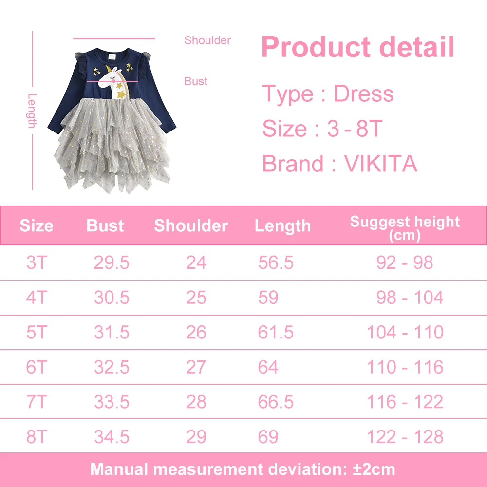 VIKITA Kids Autumn Spring Dress Girls Unicorn Star Appliqued Flare Sleeve Dress Kids Irregular Layered Birthday Party Dresses