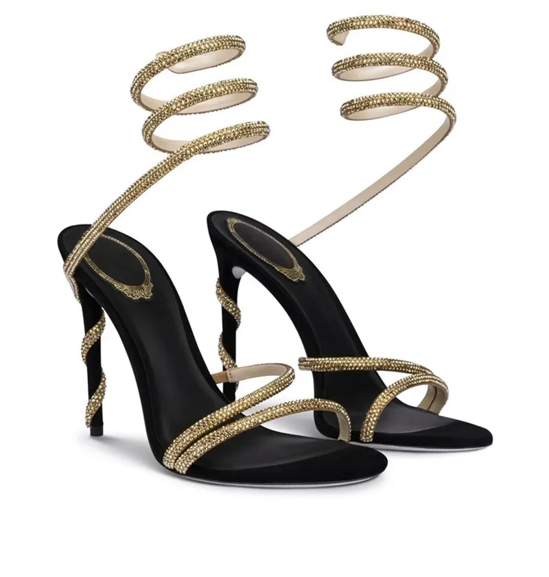 

Black Snake-shaped Rhinestones High Heel Sandals Sexy Open-toe Suede Stiletto Sandals Banquet Dress Shoes Sandalias De Las Mujer