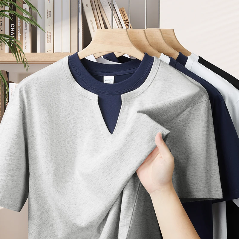 T Shirt for Man Summer New Loose Round Neck Short Sleeve Fake Two Piece Pure Cotton Solid Color
