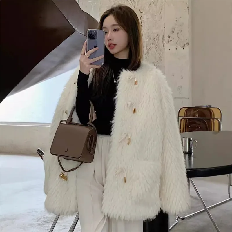 Light mixed fur coat long with round neck and horn buttons plush clothes for women