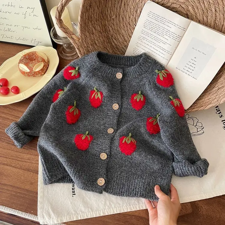 Clothes Set For 1-8Y Girls Autumn Winter Knitted Strawberry Round Collar Kid Girl Cardigan Spliced Toddler Girl Tight Pants Suit