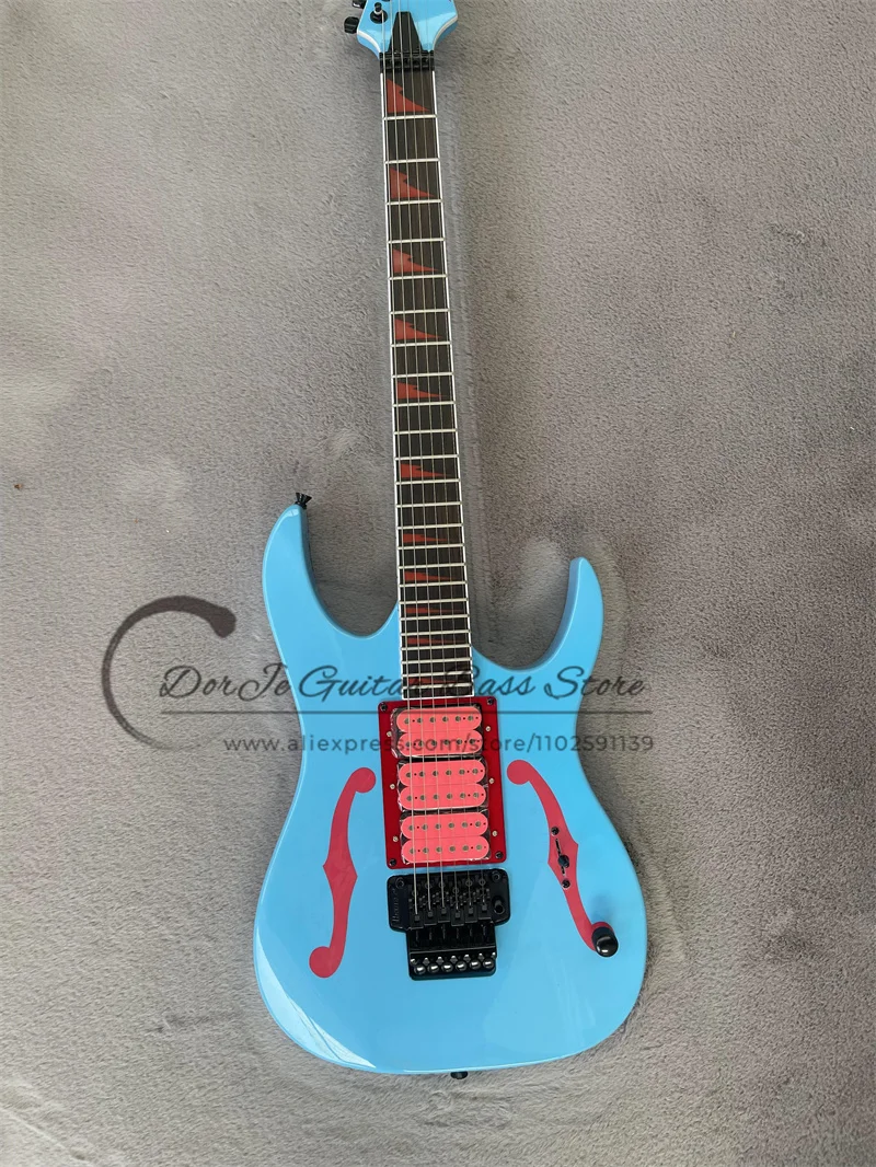 Light Blue Electric Guitar Pink Pickups Tremolo Bridge Rosewood Fingerboard Red Inlay Black Tuners