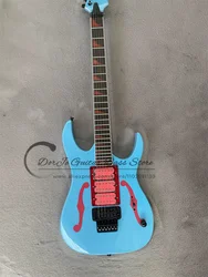 Light Blue Electric Guitar Pink Pickups Tremolo Bridge Rosewood Fingerboard Red Inlay Black Tuners