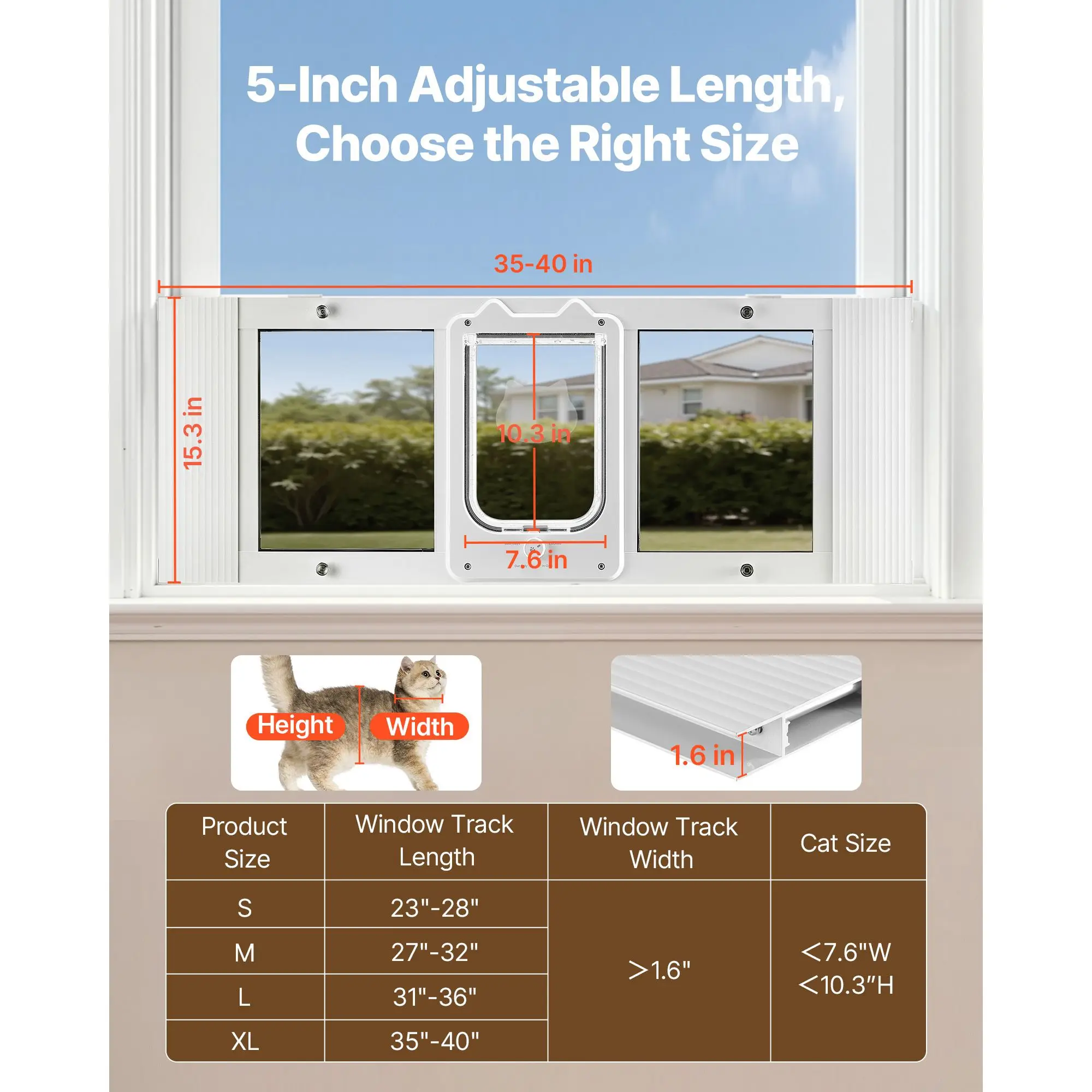 Cat Door for Window, Adjustable to Fit Width 35