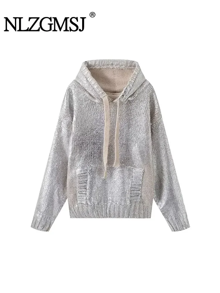 

Nlzgmsj TRAF 2024 Autumn Women Hooded Cotton Sweatshirt Women Silver Metal Decoration Hooded Knitted Sweater Cotton Sweatshirts