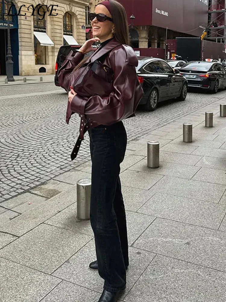 Elegant Women\'s Short Leather Jackets With Belt Loose Lapel Long Sleeved Patchwork Coat 2024 Autumn Lady Street Urban Outwears 