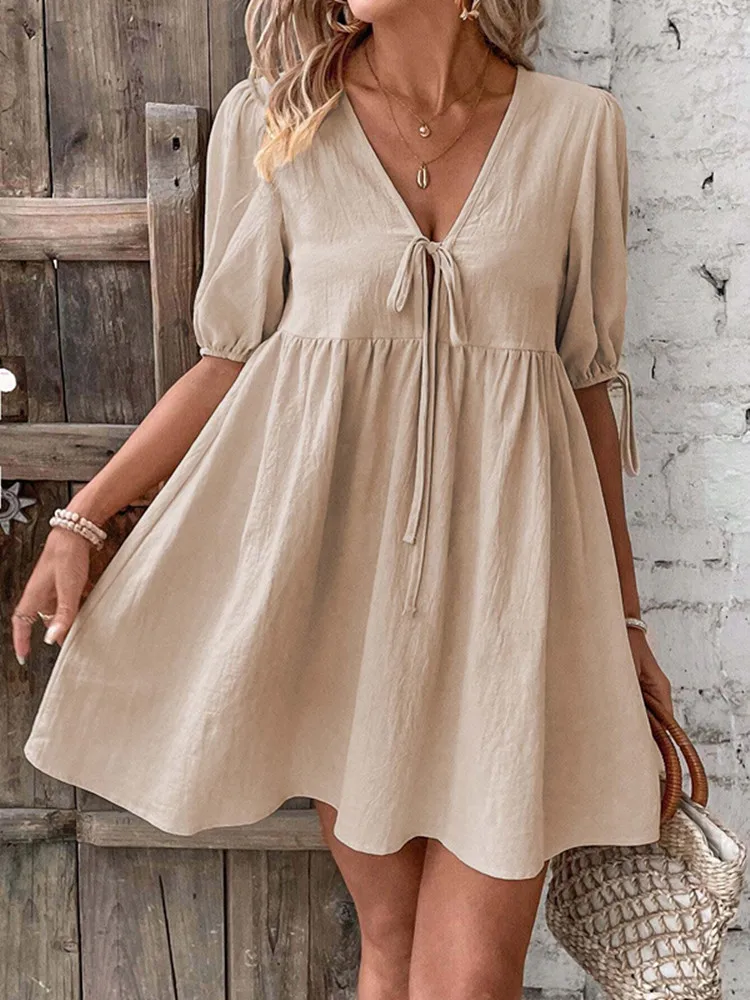 

SKMY 2025 Elegant Loose Woven Deep V-Neck Strap A-Line Dress Fashion Solid Color Women Clothing Short Sleeve Casual Dress
