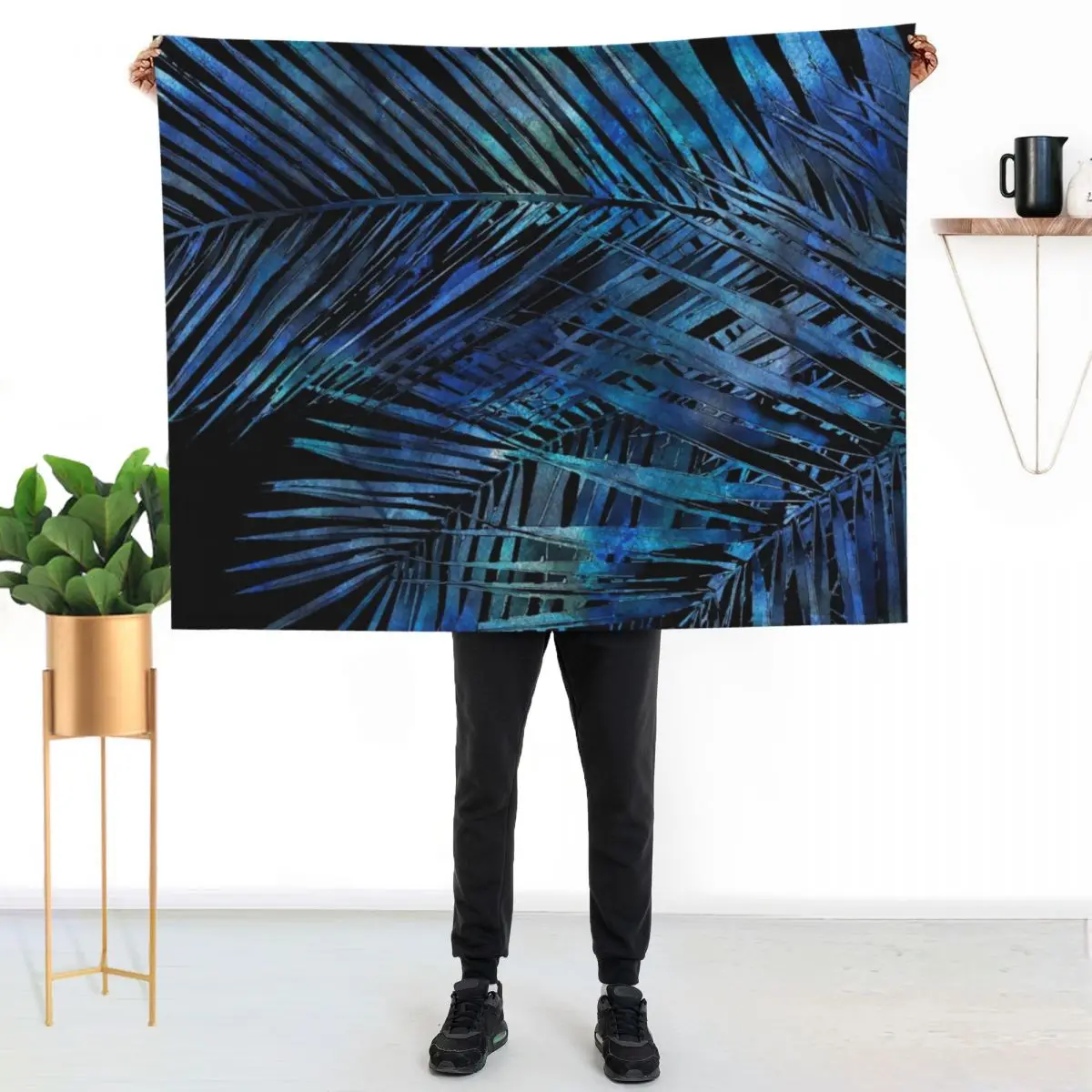 Midnight Blue Palm Leaves Mixed Media Art Throw Blanket Bed Decorative Beds Plush manga Sofa Quilt Summer Blankets