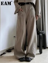 [EAM] High Waist Oat Color Brief Pleated Elegant Long Wide Leg Pants New Trousers Women Fashion Tide Spring Autumn 2024 1DH4748