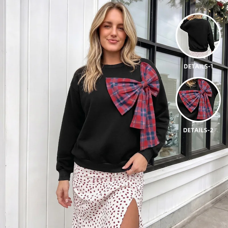 Women Fleece Lined Sweatshirt Autumn Winter Round Neck Plaid Bow Patchwork Loose Long‑Sleeve Pullover Top