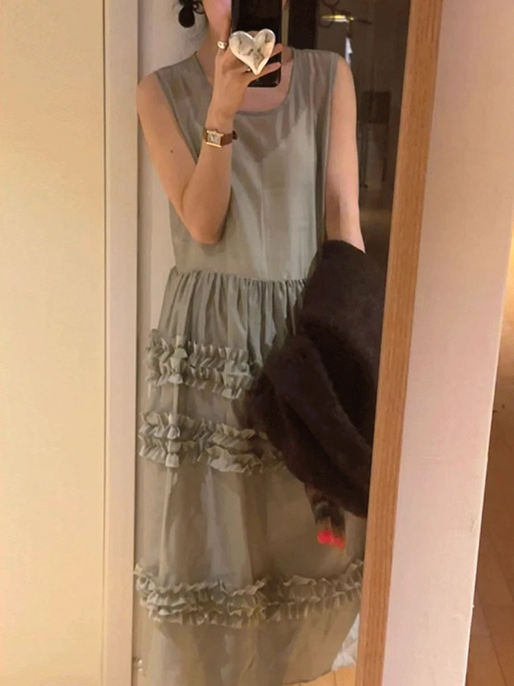 Chique vintage em torno do pescoço sem mangas colete vestido em camadas bolo saia longa primavera moda fena viagem cintur...