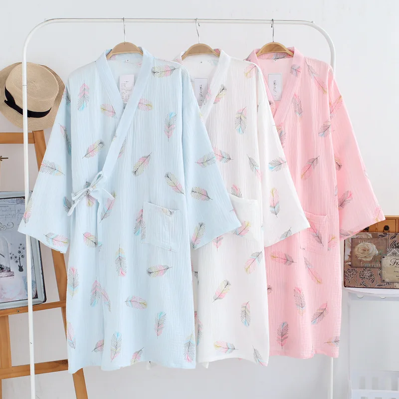 

Japanese Kimono 2025 New Women's Robe Elegant Robe Loose Feather Print Night-robe Pajamas Women Robe V-Neck Pajamas Bathrobe