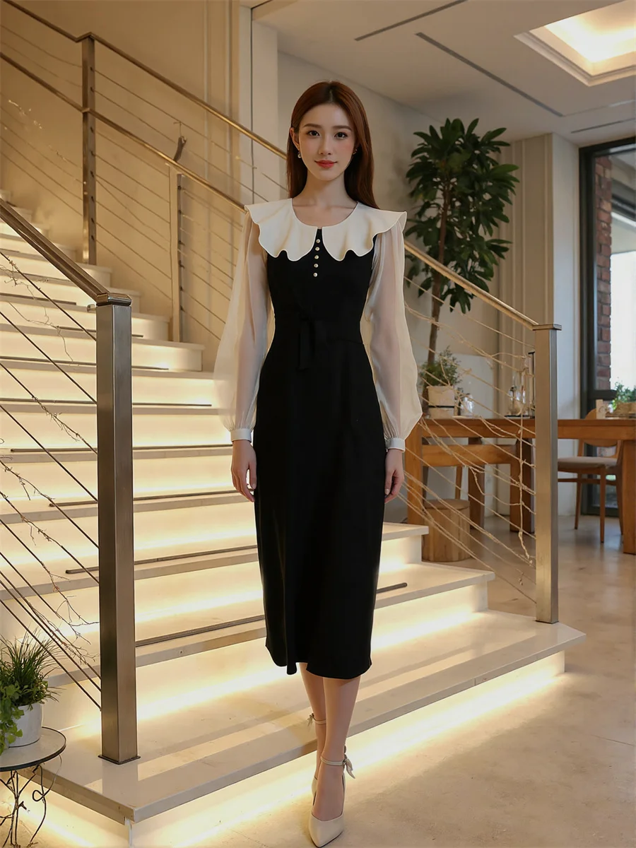 여성 드레스 우아한 여성 2025 긴 소매 블랙 화이트 패치워크 큐프로 커브드 컷 귀여운 컷아웃 사이버 데일리 데이지 댄스