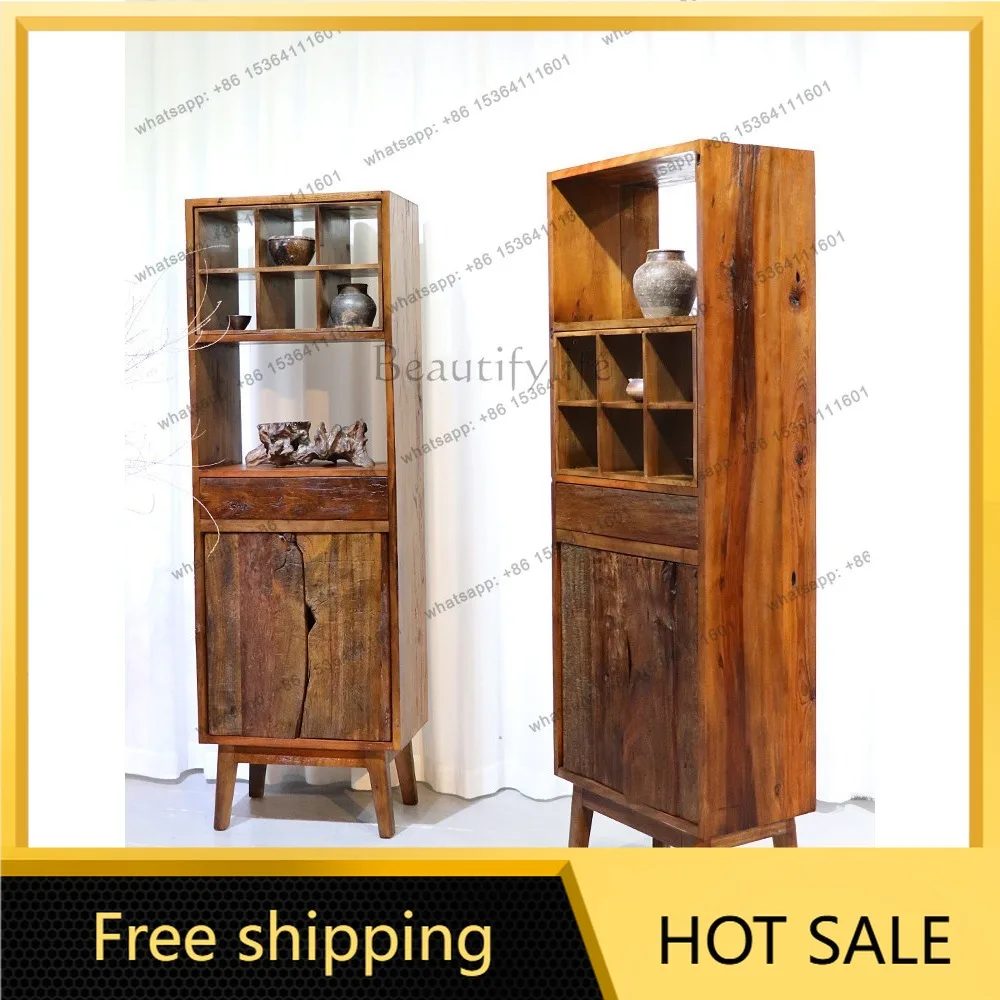 FG wabi-sabi wind side cabinet solid wood tea room tea set rack double door vertical cabinet