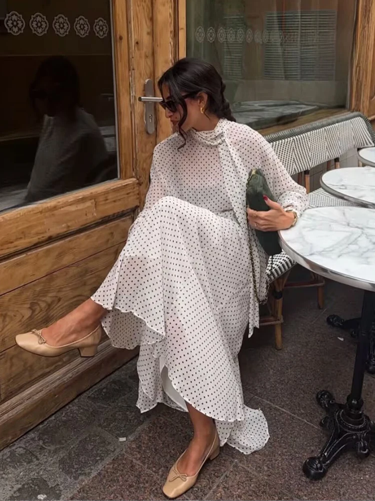 Ensemble deux pièces élégant et vintage à pois pour femme, été, chemisier en mousseline à manches chauve-souris et nœud au dos & jupe midi décontractée