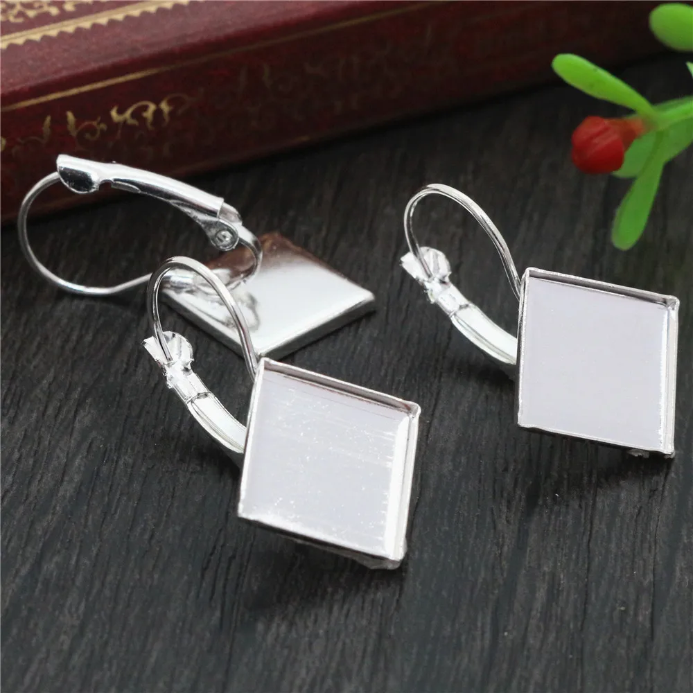 New 12mm 10pcs/Lot 8 Colors Plated Square Style French Lever Back Earrings Blank/Base,Fit 12mm Glass Cabochons