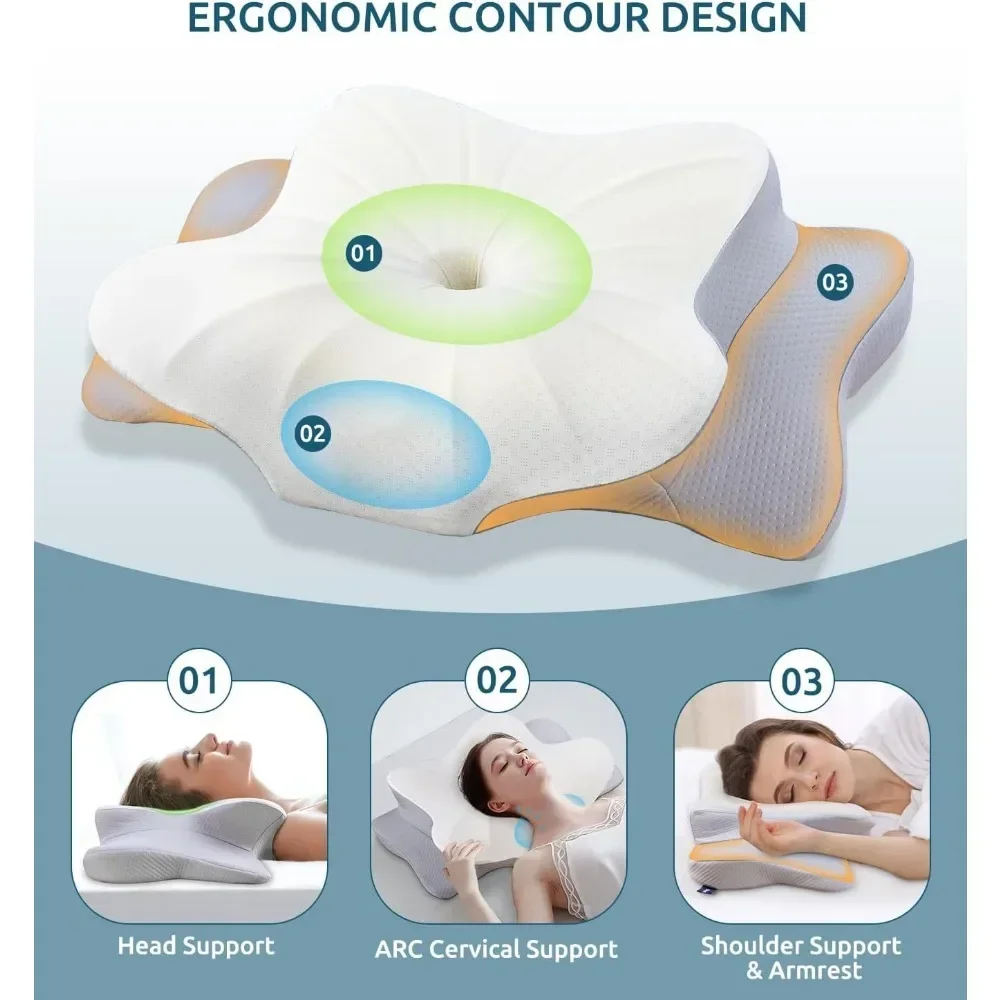 Cervical spine pillow for neck and shoulder, ergonomically contoured memory foam with washable pillowcase for side back abdomen