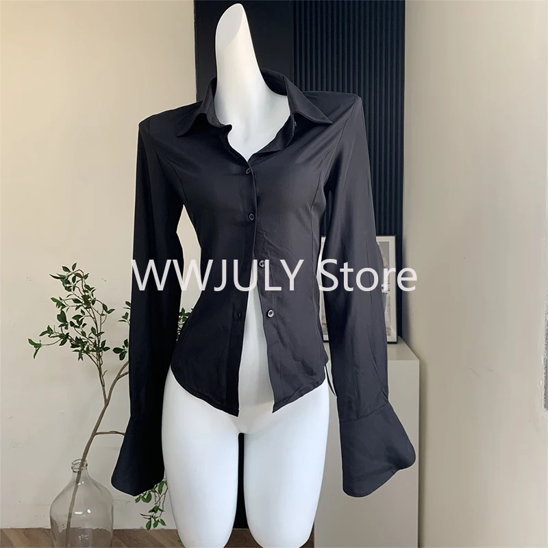 2024 New Women Retro Solid Color Slim Chiffon Shirt Turn-down Collar Flare Sleeve Tunic Bandage Design Female Blouses