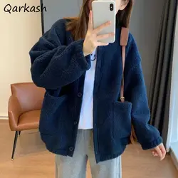 Vintage Lambswool Jackets Women Solid Popular Baseball Soft Winter Plus Velvet Keep Warm Coats Loose All-match Streetwear Chic