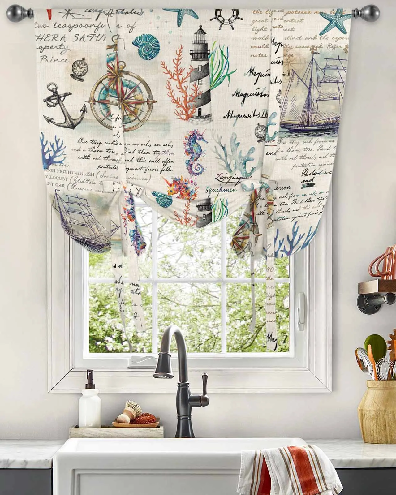 Ocean Plant Coral Sailboat Anchor Window Curtains Tie Up Curtains for Kitchen Living Room Adjustable Rod Pocket Valances