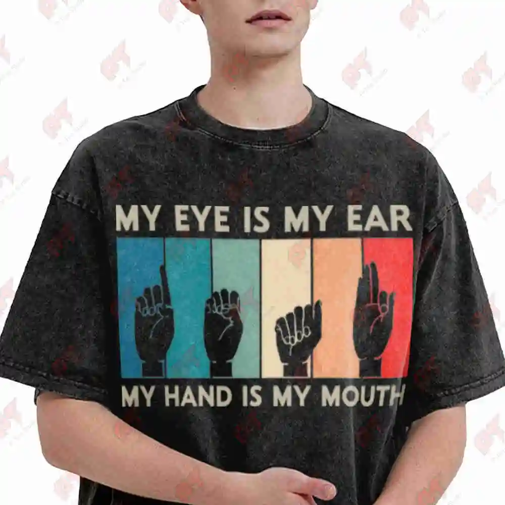Deaf Awareness ASL Sign Language Lip Reader Vintage Washed Tee Pure Cotton T-Shirt
