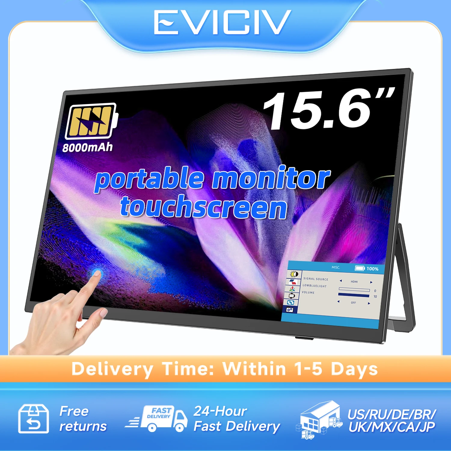 EVICIV Portable Touch Monitor 15.6"1080P HDR 60Hz Monitor IPS Screen External Display for Laptop Phone Switch PS5 Xbox VESA
