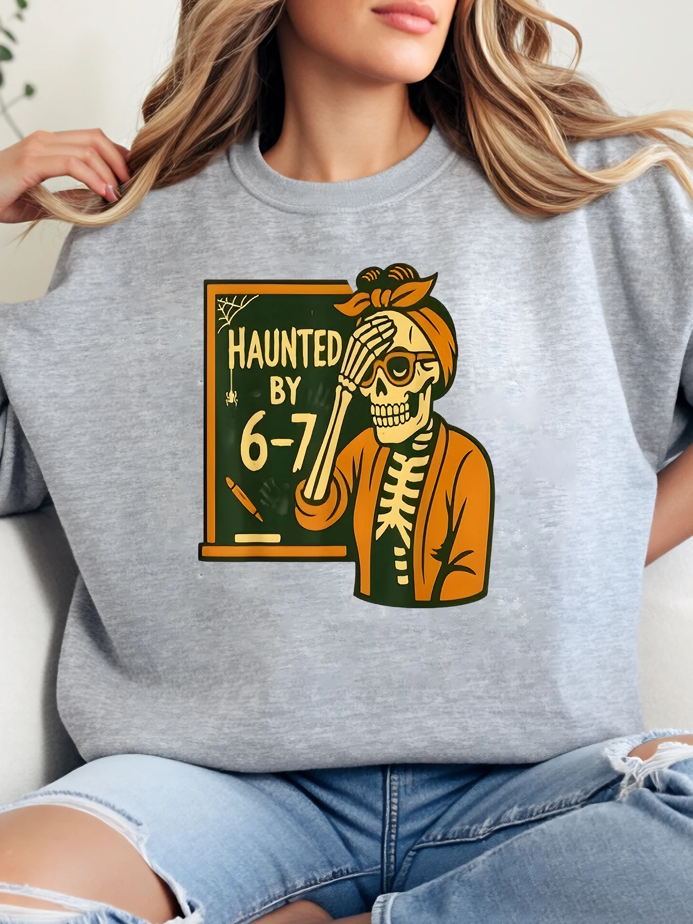 

Толстовка с круглым вырезом и принтом учителя скелета на Хэллоуин, женская повседневная одежда, наряд для вечеринки, серый, больших размеров