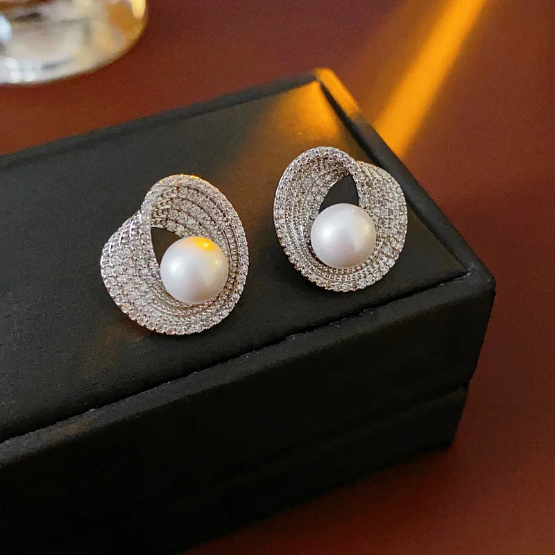 ZAKOL Luxury AAA Zircon Round Pearl Earrings for Women Irregular Stud Earring Temperament Wedding Party Jewelry image 2